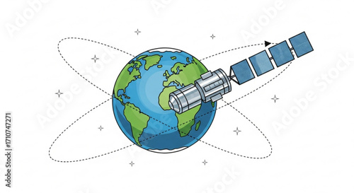 Satellite orbiting earth illustration for space exploration and technology education resources design vector
