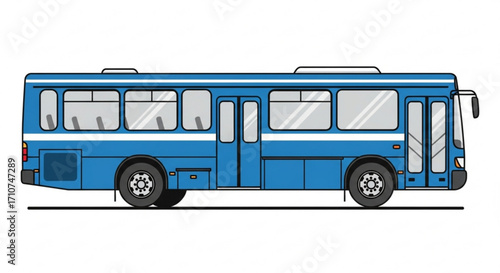 Blue city bus public transportation vehicle illustration for travel and transport design, side view, vector image