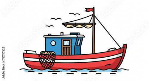 Cartoon fishing boat vector illustration for seafood industry and maritime transport design project use