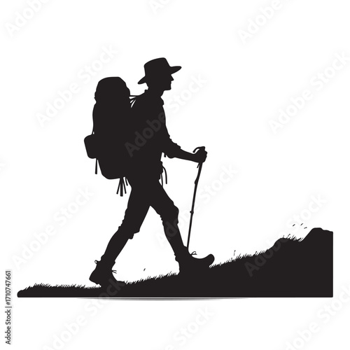 Hiker silhouette with backpack and walking stick