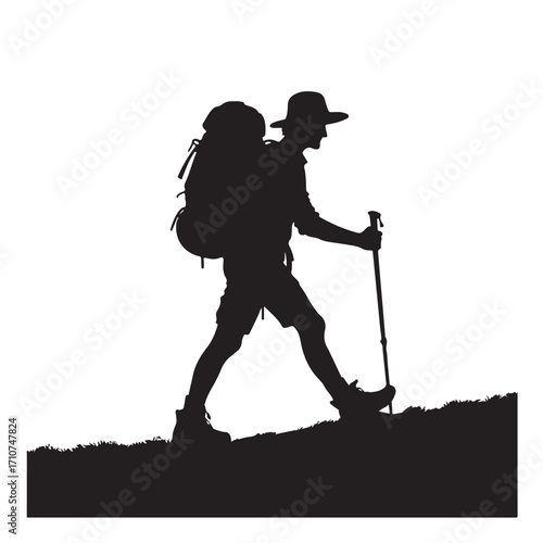 Hiker silhouette with backpack and walking stick