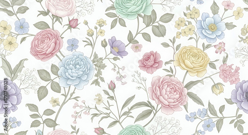 Pola Bunga Dekoratif dengan Warna Pastel, Decorative Pastel Floral Pattern