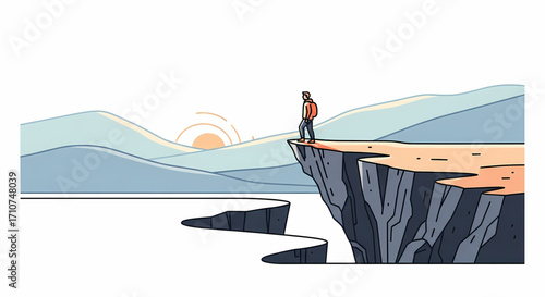 A determined individual stands at the precipice of a rugged cliff, gazing towards the distant horizon as the sun rises, symbolizing the dawn of new opportunities and the thrill of embarking on