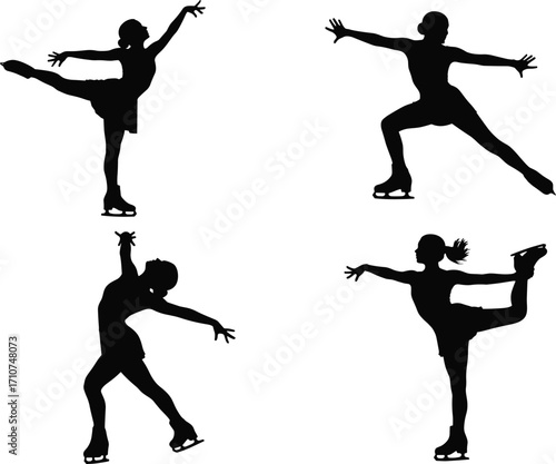 Figure skating silhouette set, black-and-white illustrations of solo skaters in dynamic poses for sports, dance, flexibility, and character design themes