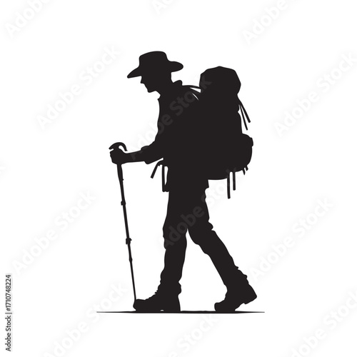 Hiker silhouette with backpack and walking stick