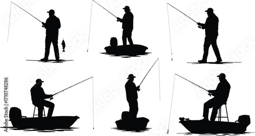 Fishing silhouette vector set, black angler poses with rods and boats for outdoor recreation design, nature sport icons, and hobby illustrations