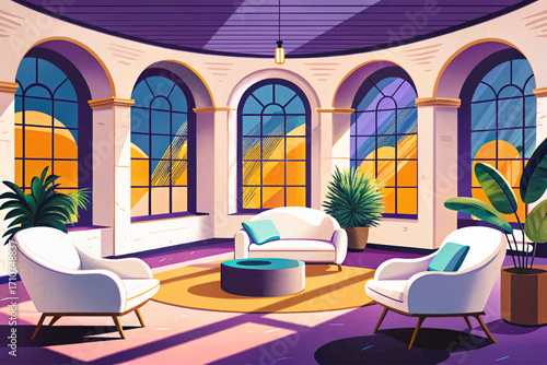 minimalist vector interior design in white and purple tones, featuring arched windows, curved architecture, bright light space, smooth concrete walls, and comfortable furniture