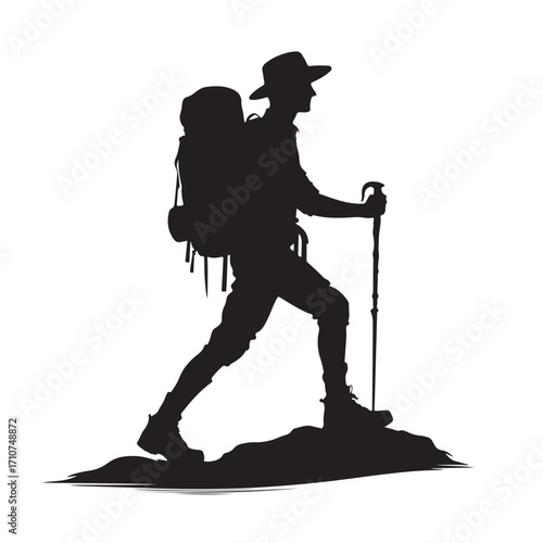 Hiker silhouette with backpack and walking stick