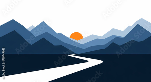 Minimalist vector illustration of majestic mountains at sunrise, with a winding river guiding through a tranquil blue landscape, representing a peaceful journey and the spirit of adventure
