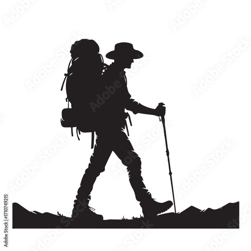 Hiker silhouette with backpack and walking stick