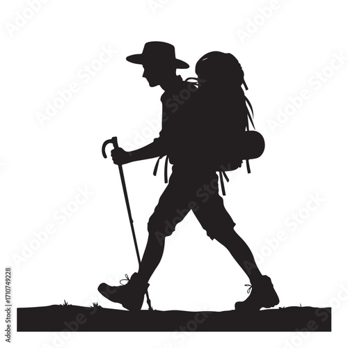 Hiker silhouette with backpack and walking stick