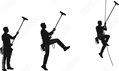 High-rise window cleaning silhouette set, black-and-white illustrations of suspended workers with gear for urban maintenance and safety design themes