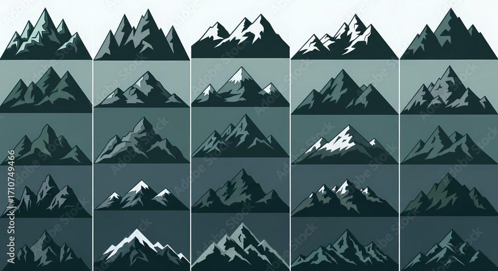 Fototapeta premium A comprehensive collection of diverse pixel art mountain illustrations, featuring sharp peaks, snowy summits, and stylized landscapes, ideal for retro video games, digital backgrounds