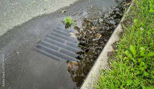 Sewer grate flooded with rain water on the city road