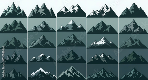A comprehensive collection of diverse pixel art mountain illustrations, featuring sharp peaks, snowy summits, and stylized landscapes, ideal for retro video games, digital backgrounds