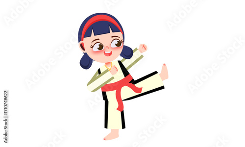 A cartoon girl in a taekwondo uniform kicking high in the air.