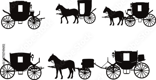 Horse-drawn carriage silhouette vector set, black vintage transport icons with varied wheels and compartments for historical design, travel art, and rural illustration