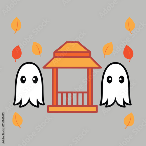 White ghosts and autumn leaves around a gazebo spooky