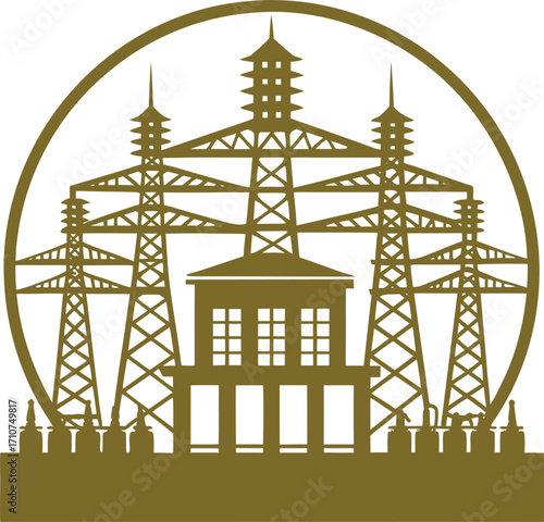 Electric power plant with transmission lines and building silhouette.