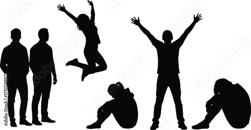 Human emotion silhouette set, black-and-white illustrations of expressive poses showing joy, sadness, contemplation, and celebration for design and education themes