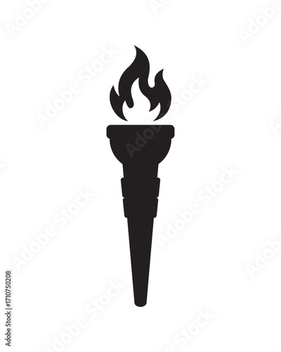 Black torch silhouette with flame. Simple and bold symbol of light, strength, hope, leadership, freedom, and victory. Ideal for icons, logos, sports, olympics, and inspirational design themes.