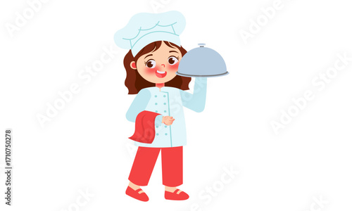 A young girl dressed as a chef, holding a covered dish.