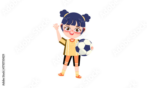 Happy girl with dark hair holding a soccer ball.