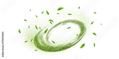 Isolated green matcha dust and powder splashes with mint spray effect and flying green leaves, top view on white background.