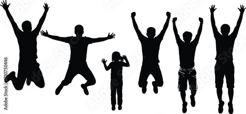 Jumping silhouette set, black-and-white illustrations of joyful figures in celebratory poses for lifestyle, emotion, and character design themes