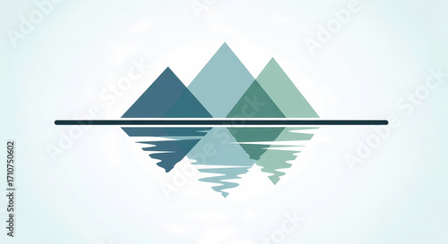 Minimalist artistic rendering of triangulated mountain forms, gracefully mirrored in still liquid, evoking a sense of peaceful natural beauty and modern design aesthetics, ideal for tranquil themes