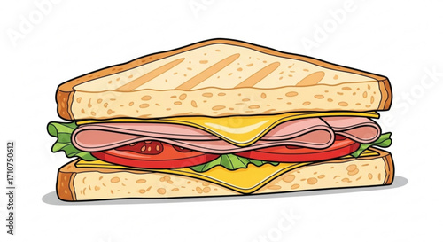 Delicious ham and cheese sandwich vector illustration with tomato and lettuce for food lovers and chefs