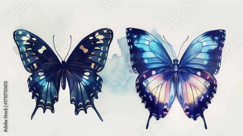 two blue butterflies watercolor style wings delicate patterns light background calm dreamy airy copyspace concept of education nature conservation