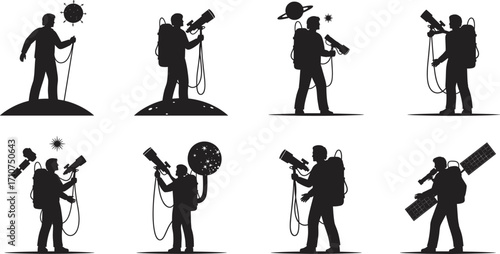 Black silhouette astronomers with telescopes observing stars, planets, and space, vector illustration for astronomy, science, exploration, galaxy, stargazing, cosmos themes.