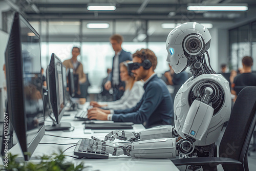 AI robot using computer work with human team in teamwork productivity assistant coding agent in office background