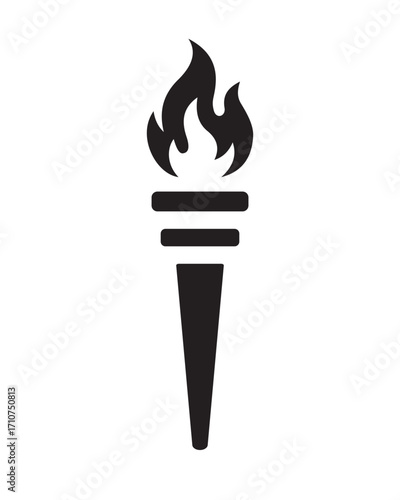 Torch flame icon silhouette in black. Simple burning torch vector symbol representing light, freedom, guidance, knowledge, leadership, and victory. Perfect for logos, emblems, and design elements.