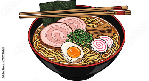 Delicious japanese ramen noodle soup with pork egg and seaweed bowl restaurant style 100 character