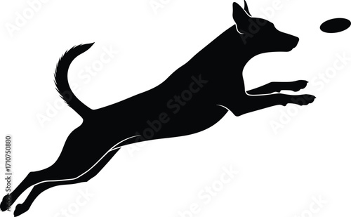 Leaping dog silhouette with ball, black-and-white illustration of playful motion for pet training, agility, recreation, and character design themes