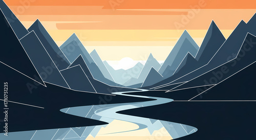 Modern flat design illustration of a tranquil mountain landscape with a winding river reflecting a beautiful golden sunset, conveying peace and natural grandeur