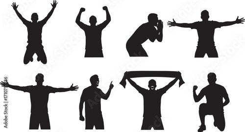 Black silhouette football fans cheering, celebrating, shouting, and raising hands with scarf, vector illustration for sports, victory, team spirit, celebration themes.