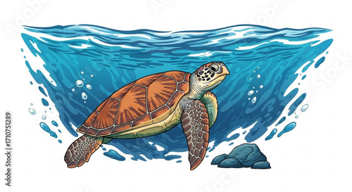 Sea turtle swimming underwater illustration vector graphic for ocean wildlife conservation education project