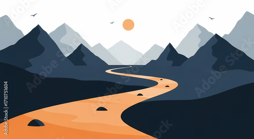 Minimalist landscape illustration featuring a winding orange river flowing through a serene valley surrounded by majestic blue mountains under a warm setting sun, with birds soaring peacefully