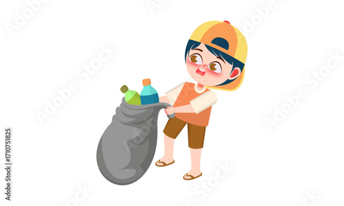 A boy in a baseball cap is putting plastic bottles into a dark gray trash bag.