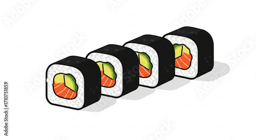 Delicious sushi rolls with salmon and avocado, japanese cuisine, maki sushi, fresh seafood, asian food art