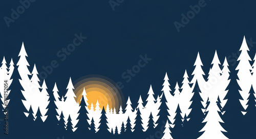 A serene minimalist illustration depicting a tranquil winter forest at twilight, featuring abstract white pine trees silhouetted against a deep blue sky, with a warm golden sun or moon gently setting