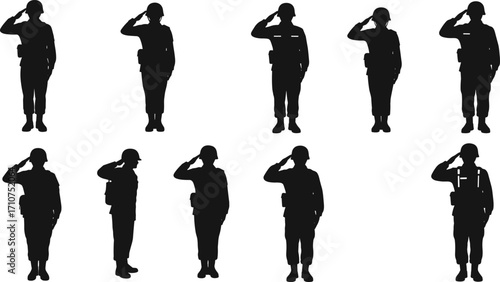 Military salute silhouette vector set, black uniformed figures in disciplined poses for army design, patriotic art, honor illustration, and service icons