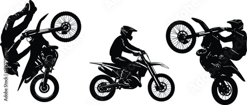 Motocross stunt silhouette set, black-and-white illustrations of dirt bike riders performing tricks for extreme sports and motion design themes