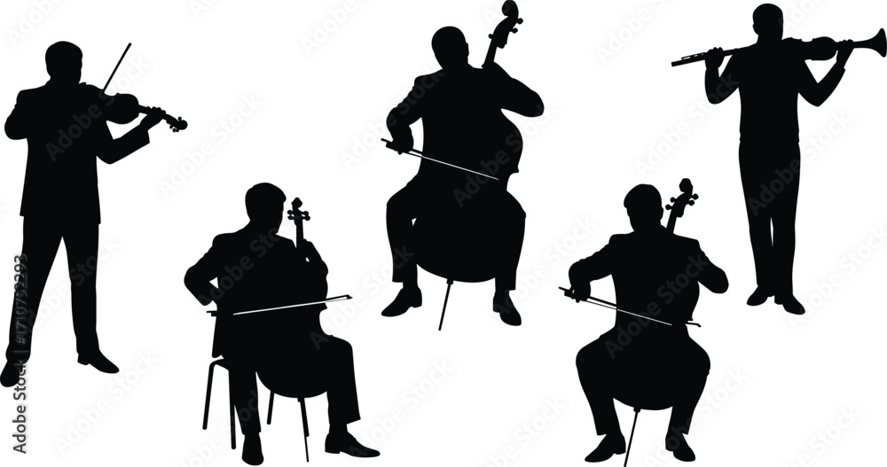 Musician silhouette vector set, black orchestral poses with violin, cello, double bass, and trumpet for music design, performance art, and ensemble illustration