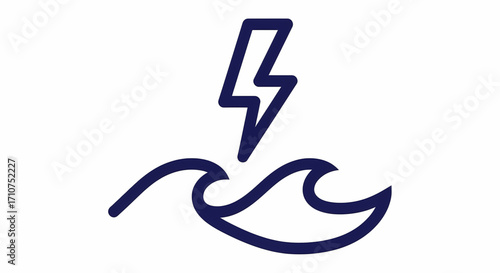 Abstract blue line art icon showcasing a formidable lightning strike over rolling ocean waves, conveying essential concepts of storm, power, electricity, and environmental force