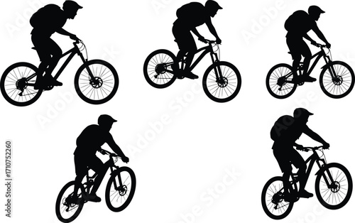 Mountain biking silhouette vector set, black action poses with helmet and backpack for outdoor sport design, adventure motion, and cycling illustration