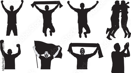Black silhouette football fans cheering, celebrating, shouting, and raising hands with scarf, vector illustration for sports, victory, team spirit, celebration themes.